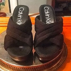 Calvin klein slide wedge sandals black size 11, 4 and a 1/4 inch wedge Nib